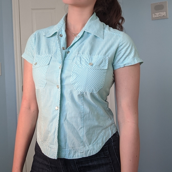 Tiffany and tomato gingham blue button up shirt - Picture 1 of 4